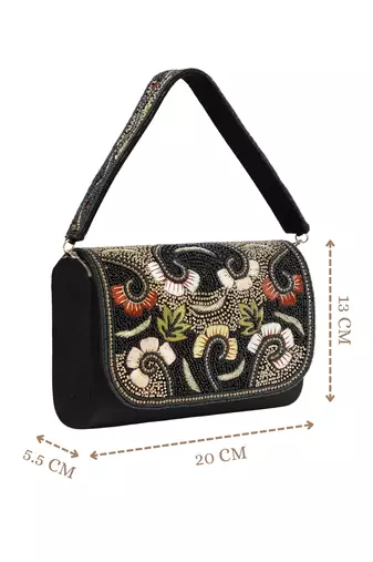 Anekaant beaded botanica black suede swirl embellished clutch