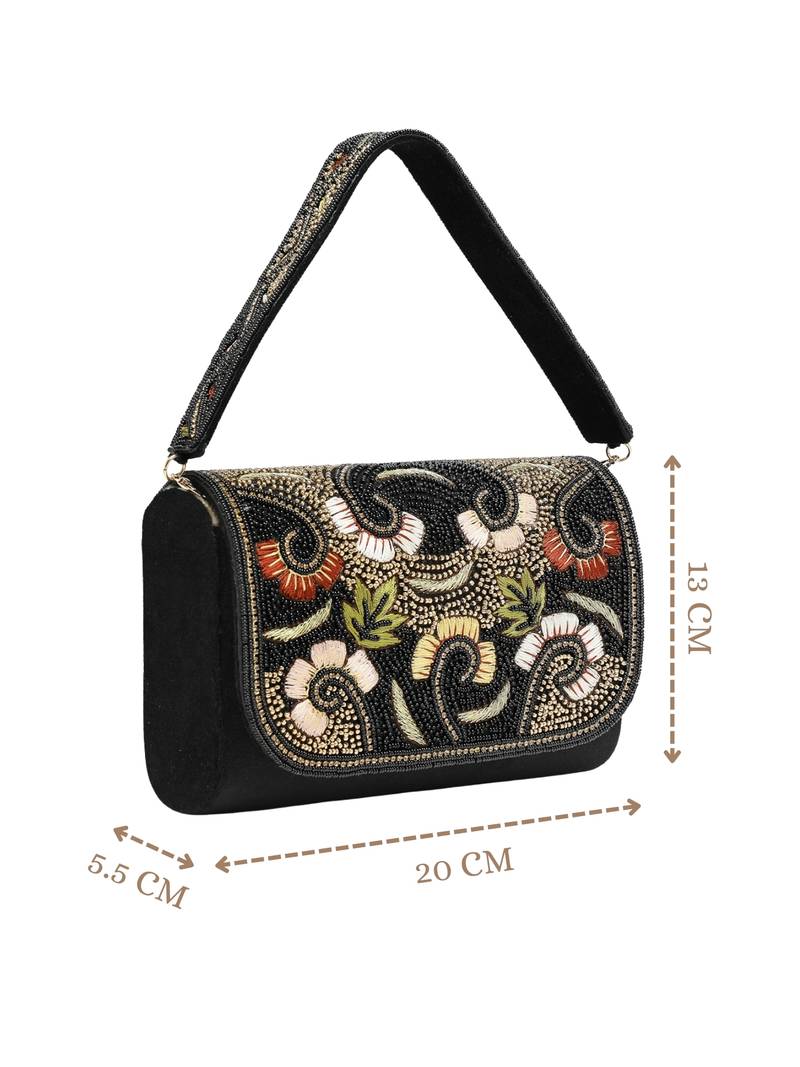 Anekaant beaded botanica black suede swirl embellished clutch