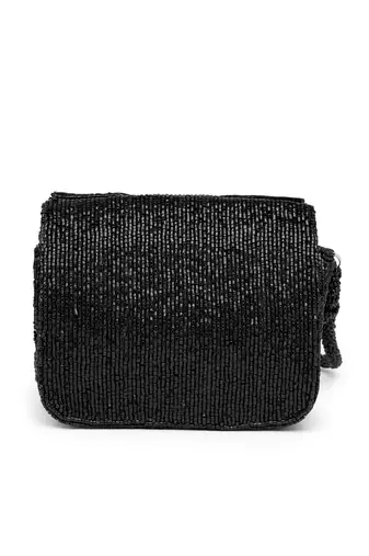 Anekaant beaded muse black cotton statement bow embellished clutch