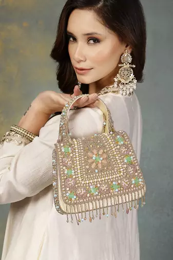 Anekaant blush & bead gold satin concentric beadwork embellished clutch