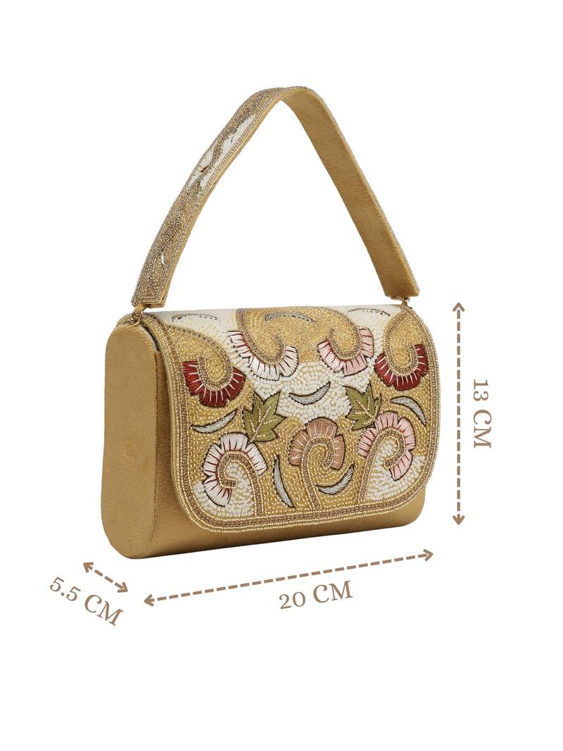 Anekaant beaded botanica gold suede swirl embellished clutch