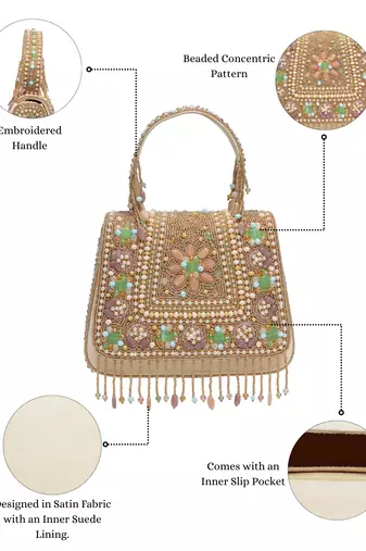 Anekaant blush & bead gold satin concentric beadwork embellished clutch