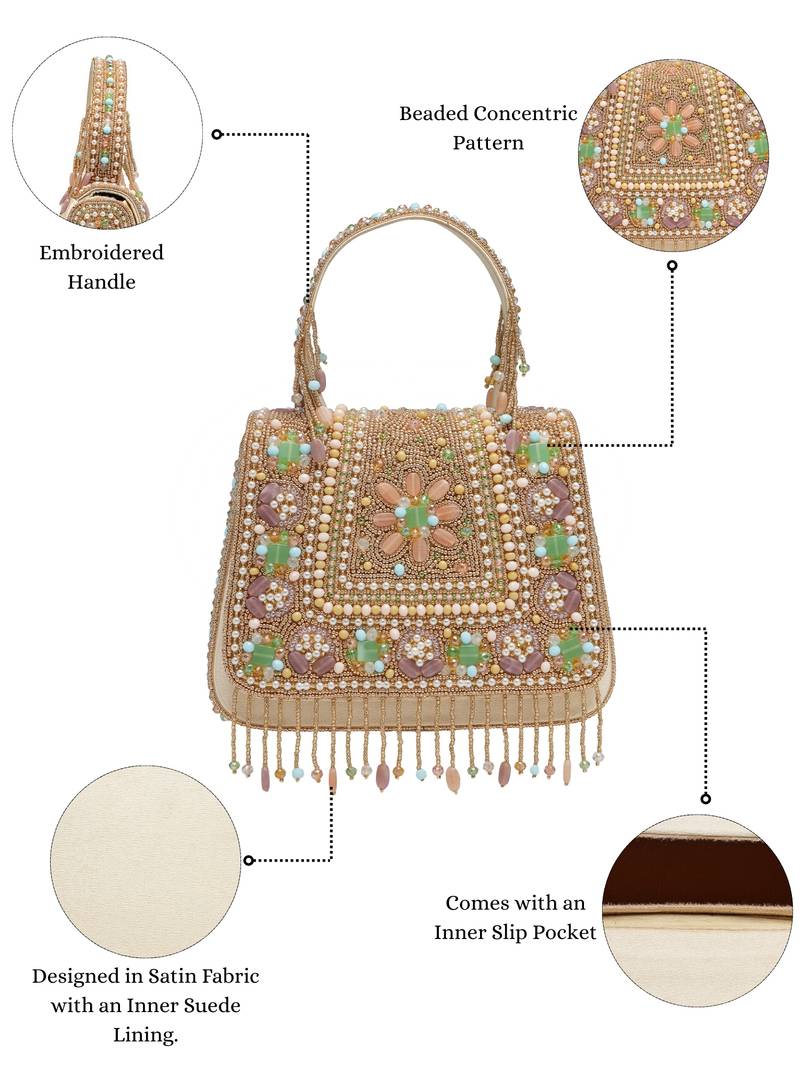 Anekaant blush & bead gold satin concentric beadwork embellished clutch