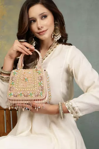 Anekaant blush & bead pink satin concentric beadwork embellished clutch
