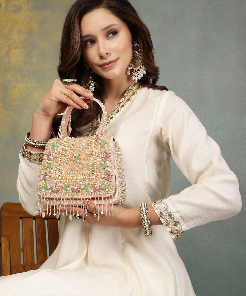 Anekaant blush & bead pink satin concentric beadwork embellished clutch