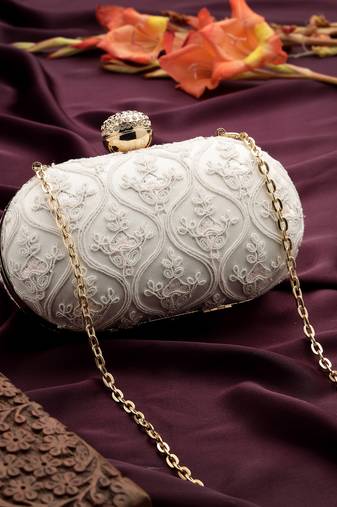 Anekaant woven reverie white faux silk floral vine embroidered clutch