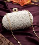 Anekaant woven reverie white faux silk floral vine embroidered clutch