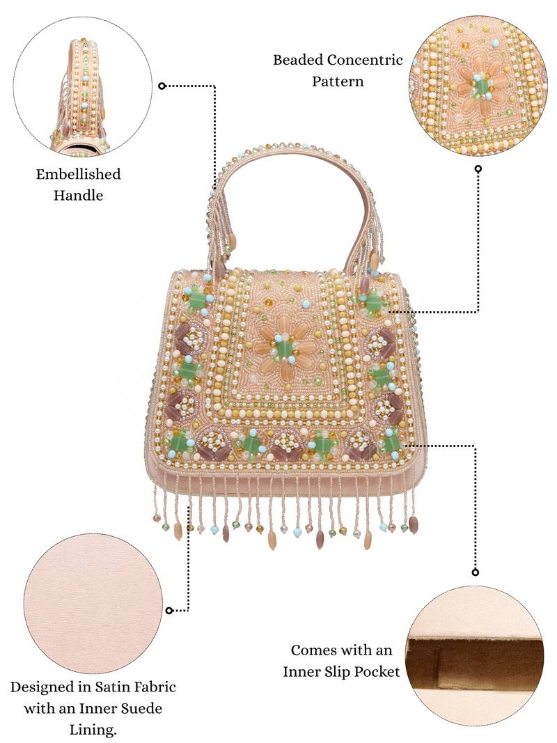 Anekaant blush & bead pink satin concentric beadwork embellished clutch