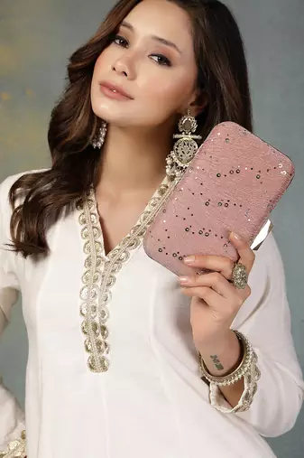 Anekaant woven reverie pink georgette pleated sequined fabric clutch