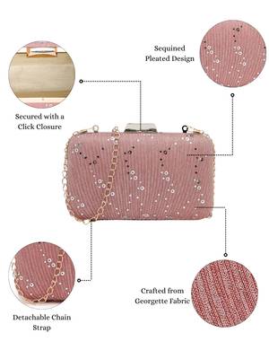Anekaant woven reverie pink georgette pleated sequined fabric clutch 4