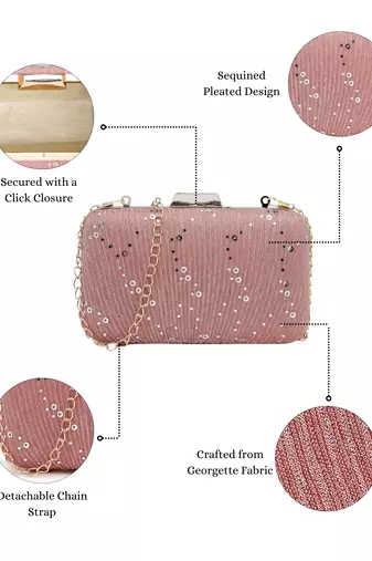 Anekaant woven reverie pink georgette pleated sequined fabric clutch