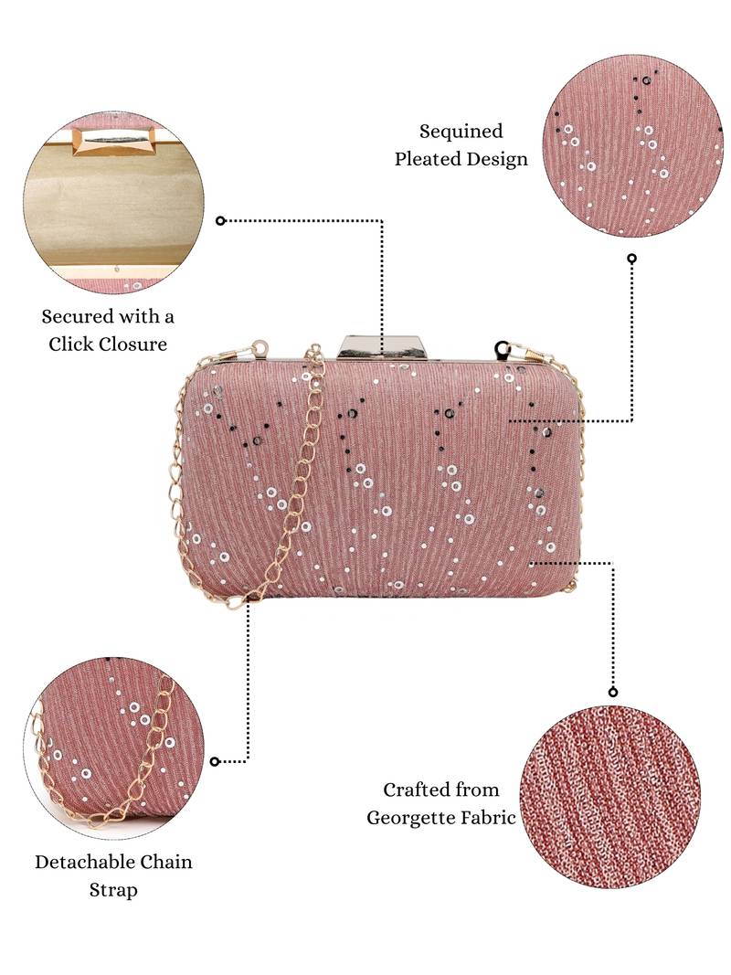 Anekaant woven reverie pink georgette pleated sequined fabric clutch