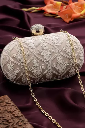 Anekaant woven reverie lilac faux silk floral vine embroidered clutch