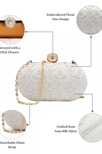 Anekaant woven reverie white faux silk floral vine embroidered clutch