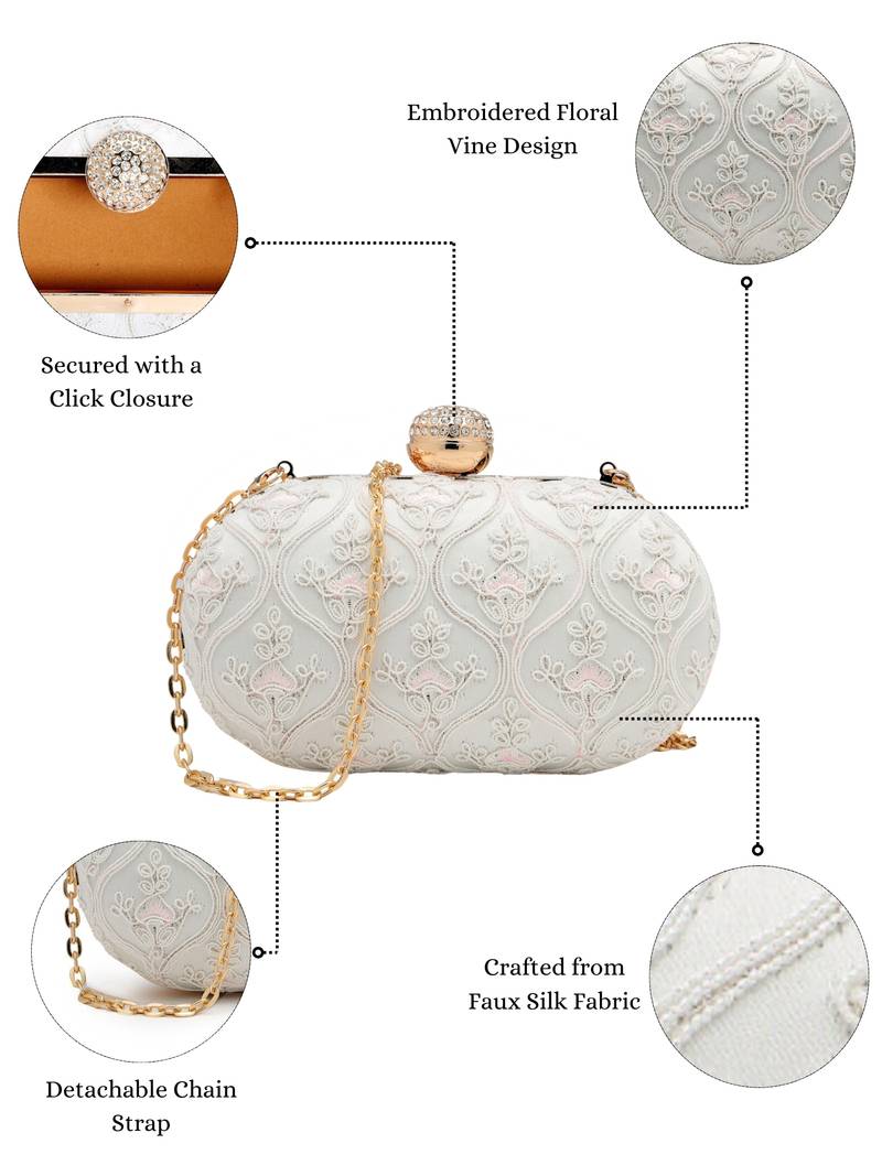 Anekaant woven reverie white faux silk floral vine embroidered clutch