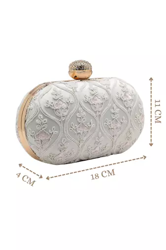Anekaant woven reverie white faux silk floral vine embroidered clutch
