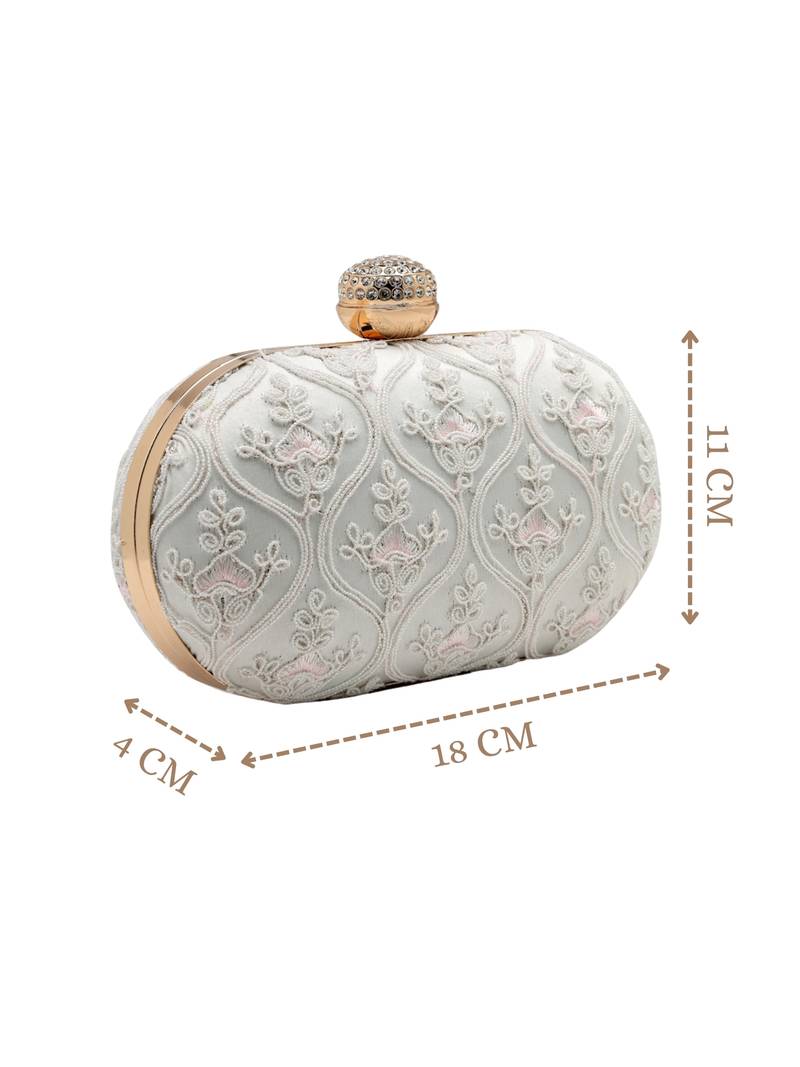 Anekaant woven reverie white faux silk floral vine embroidered clutch