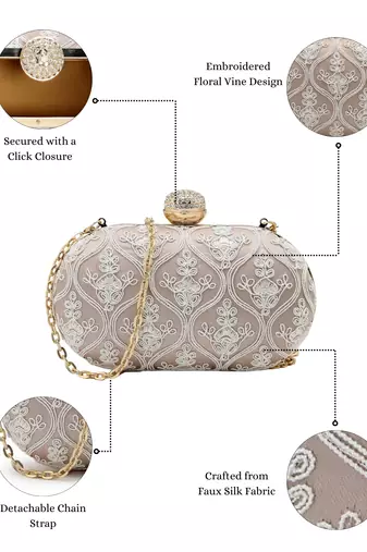 Anekaant woven reverie lilac faux silk floral vine embroidered clutch