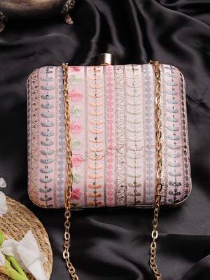  woven reverie pink faux silk floral embroidered clutch 1