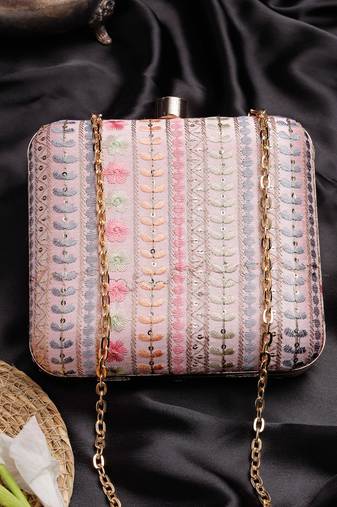 Anekaant woven reverie pink faux silk floral embroidered clutch