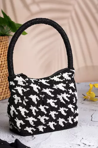 Anekaant beaded muse black cotton houndstooth geometric beaded clutch