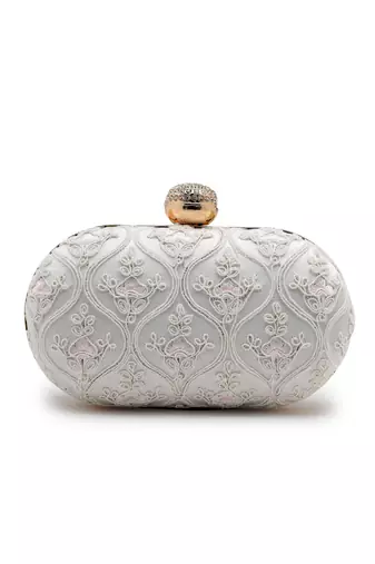 Anekaant woven reverie white faux silk floral vine embroidered clutch