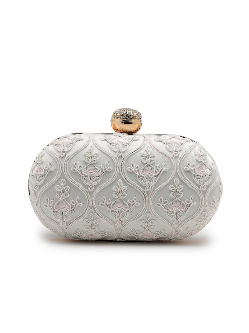 Anekaant woven reverie white faux silk floral vine embroidered clutch