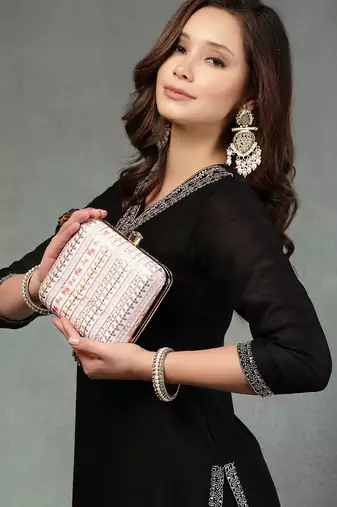 Anekaant woven reverie pink faux silk floral embroidered clutch