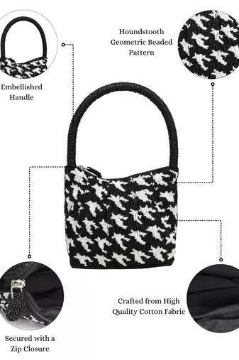 Anekaant beaded muse black cotton houndstooth geometric beaded clutch