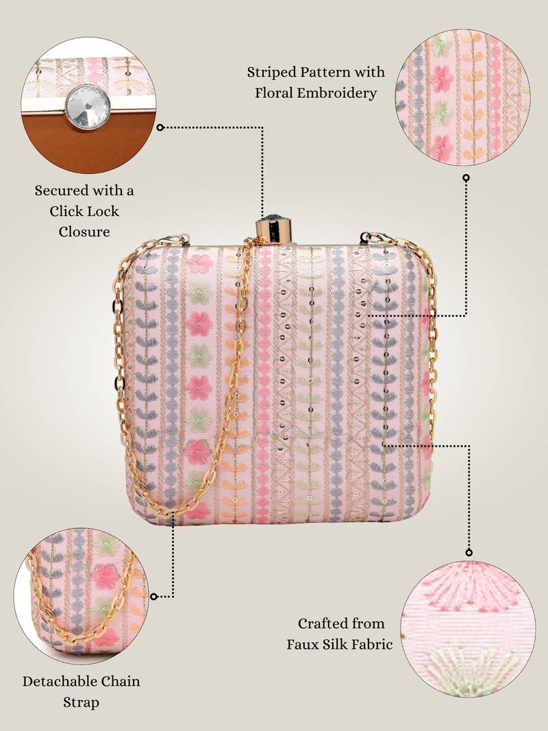 Anekaant woven reverie pink faux silk floral embroidered clutch