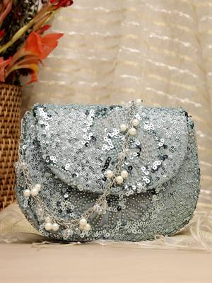  petal posh steel blue faux silk floral embellished clutch 1