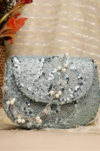 Anekaant petal posh steel blue faux silk floral embellished clutch