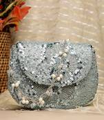 Anekaant petal posh steel blue faux silk floral embellished clutch
