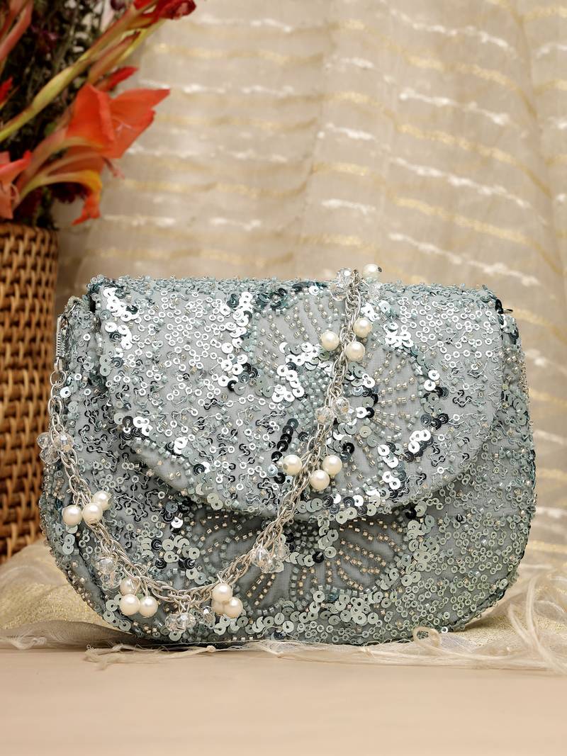 Anekaant petal posh steel blue faux silk floral embellished clutch