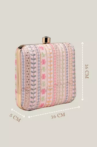Anekaant woven reverie pink faux silk floral embroidered clutch