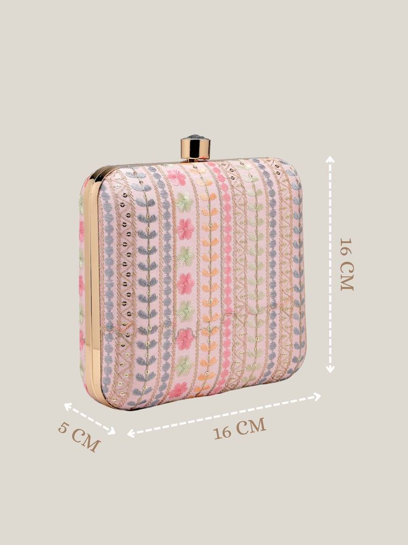 Anekaant woven reverie pink faux silk floral embroidered clutch