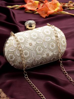  woven reverie off white faux silk geometric embellished clutch 1