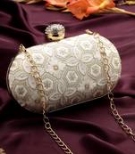 Anekaant woven reverie off white faux silk geometric embellished clutch