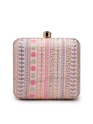  woven reverie pink faux silk floral embroidered clutch 6
