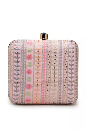 Anekaant woven reverie pink faux silk floral embroidered clutch