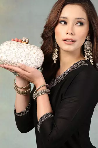 Anekaant woven reverie off white faux silk geometric embellished clutch