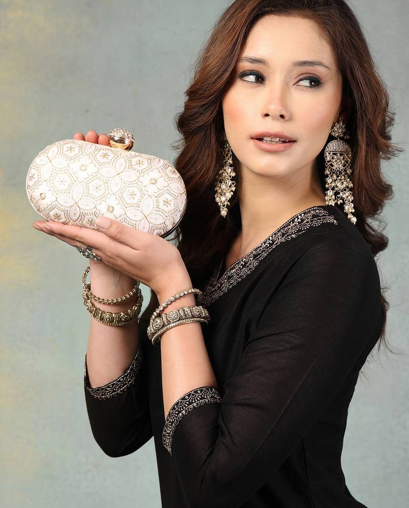 Anekaant woven reverie off white faux silk geometric embellished clutch