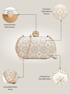  woven reverie off white faux silk geometric embellished clutch 4