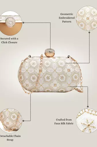 Anekaant woven reverie off white faux silk geometric embellished clutch