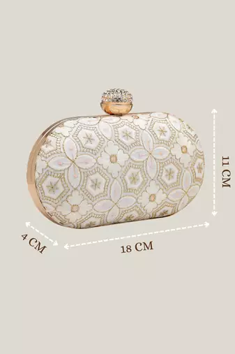 Anekaant woven reverie off white faux silk geometric embellished clutch