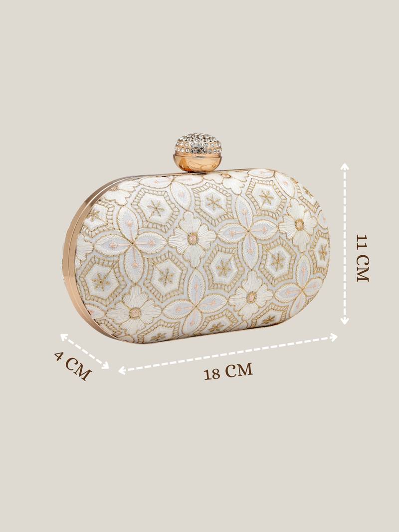 Anekaant woven reverie off white faux silk geometric embellished clutch