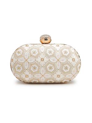  woven reverie off white faux silk geometric embellished clutch 6