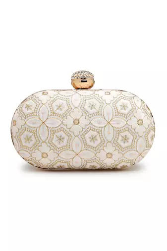 Anekaant woven reverie off white faux silk geometric embellished clutch