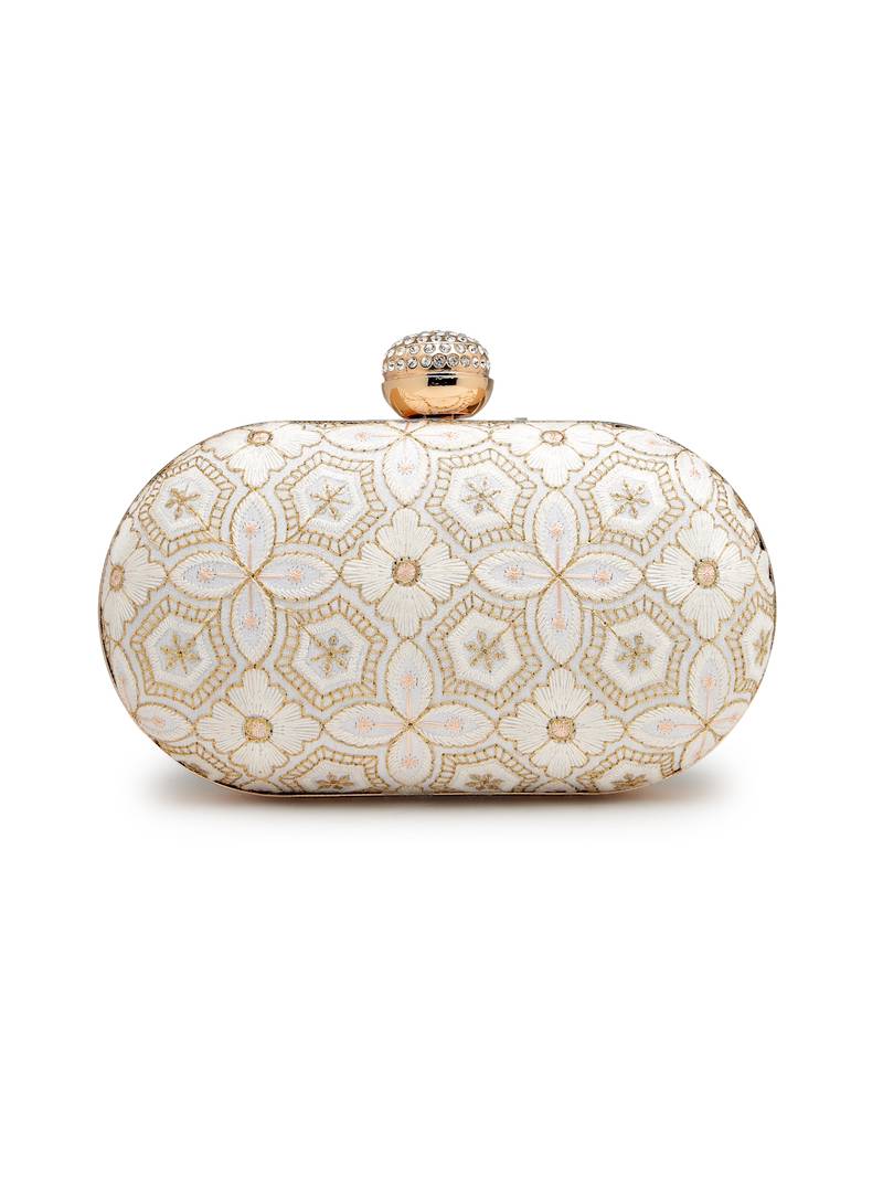 Anekaant woven reverie off white faux silk geometric embellished clutch