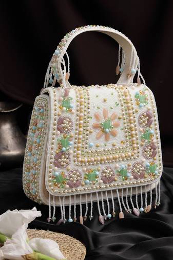 Anekaant blush & bead ivory satin concentric beadwork embellished clutch